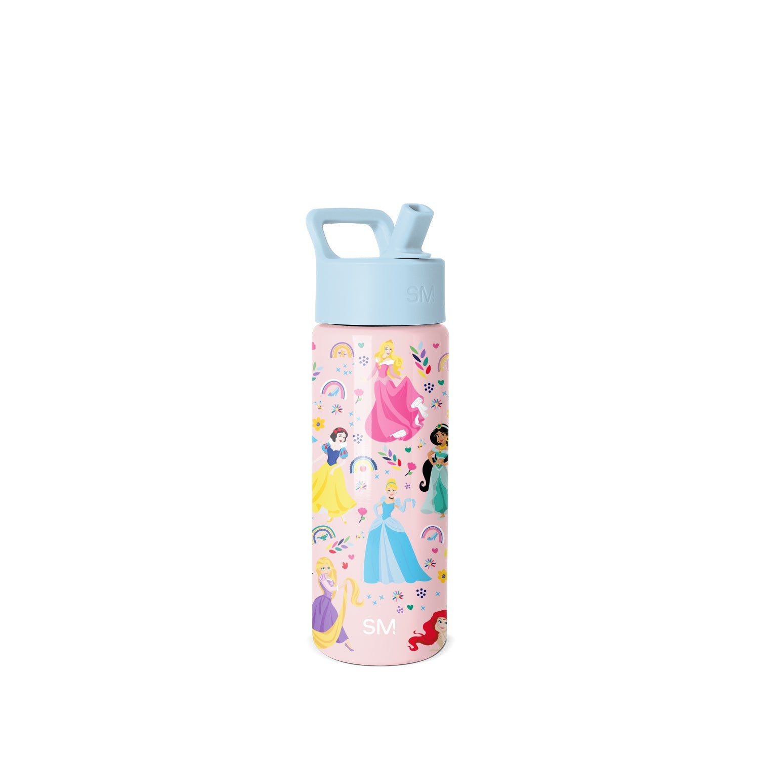 Pale pink Simple Modern water bottle with light blue cap, decorated with Disney Princess characters, rainbows, hearts, and flowers in vibrant colors. Features pop-up spout and carrying handle.