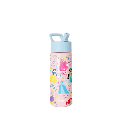 Pale pink Simple Modern water bottle with light blue cap, decorated with Disney Princess characters, rainbows, hearts, and flowers in vibrant colors. Features pop-up spout and carrying handle.