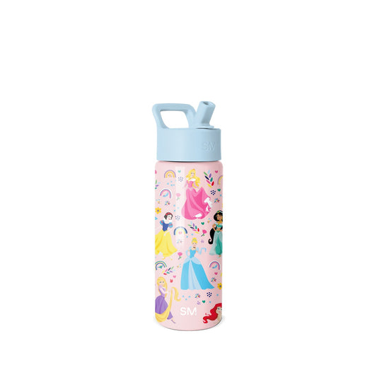 Pale pink Simple Modern water bottle with light blue cap, decorated with Disney Princess characters, rainbows, hearts, and flowers in vibrant colors. Features pop-up spout and carrying handle.