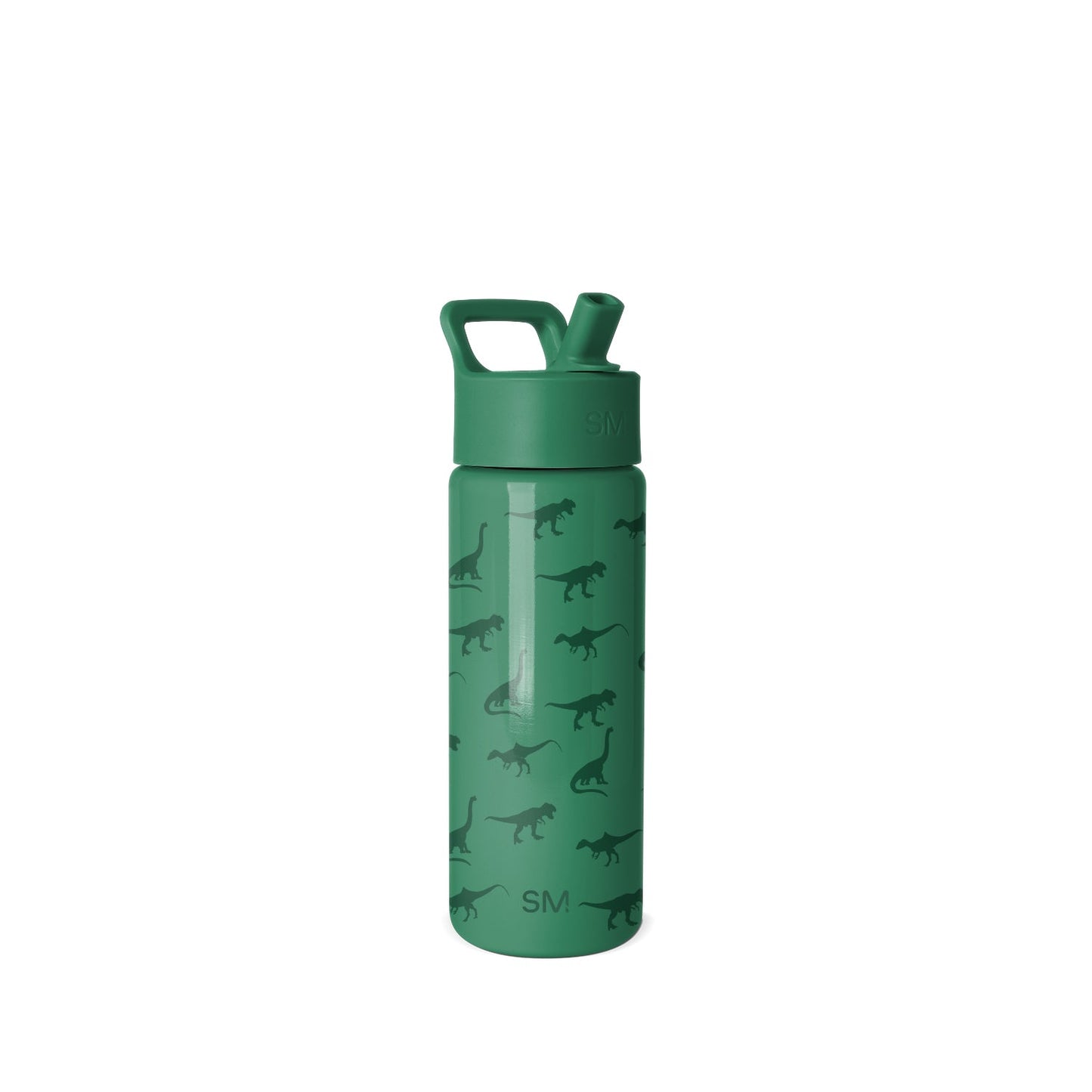 Forest green Simple Modern water bottle with flip-top cap and carrying handle, decorated with dinosaur silhouettes pattern, shown against white background.