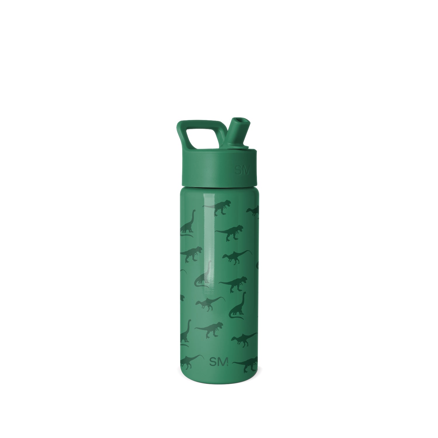 Forest green Simple Modern water bottle with flip-top cap and carrying handle, decorated with dinosaur silhouettes pattern, shown against white background.