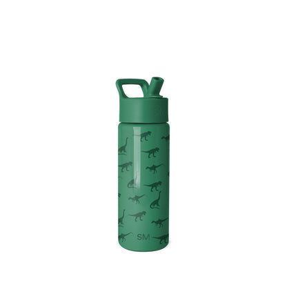 Forest green Simple Modern water bottle with flip-top cap and carrying handle, decorated with dinosaur silhouettes pattern, shown against white background.