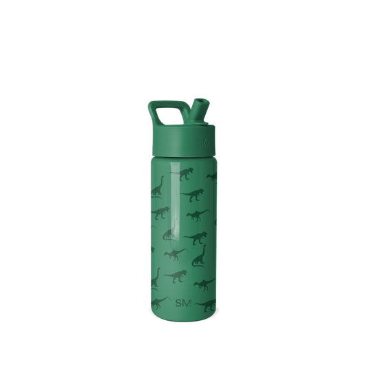 Forest green Simple Modern water bottle with flip-top cap and carrying handle, decorated with dinosaur silhouettes pattern, shown against white background.