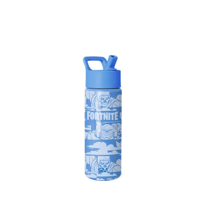 Royal blue Simple Modern insulated water bottle with matching cap and handle loop, displaying Fortnite game characters in white and light blue graphics, "FORTNITE" text on center band, shown against white background.