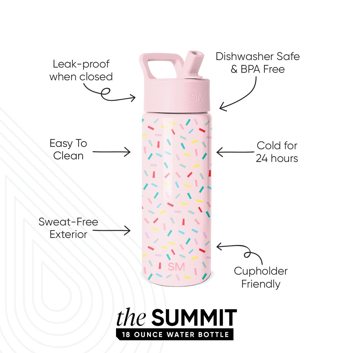 Simple Modern SUMMIT 18-ounce water bottle in pale pink with colorful sprinkles, featuring a carrying handle and wide-mouth lid. Callouts highlight: leak-proof, dishwasher safe, BPA free, keeps drinks cold 24 hours, easy to