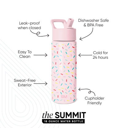 Simple Modern SUMMIT 18-ounce water bottle in pale pink with colorful sprinkles, featuring a carrying handle and wide-mouth lid. Callouts highlight: leak-proof, dishwasher safe, BPA free, keeps drinks cold 24 hours, easy to
