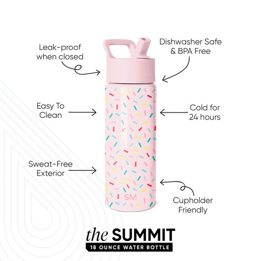 Simple Modern SUMMIT 18-ounce water bottle in pale pink with colorful sprinkles, featuring a carrying handle and wide-mouth lid. Callouts highlight: leak-proof, dishwasher safe, BPA free, keeps drinks cold 24 hours, easy to