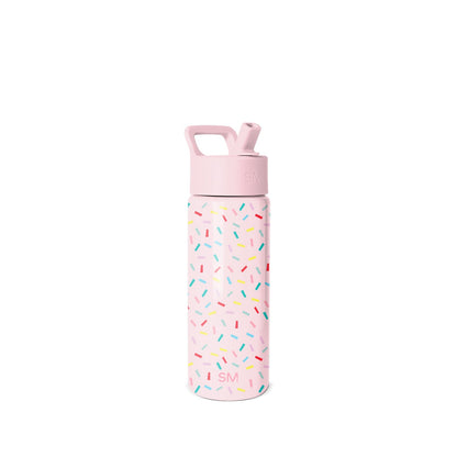 Simple Modern water bottle in soft pink with colorful sprinkle pattern, featuring integrated carry handle and flip-top cap against white background.