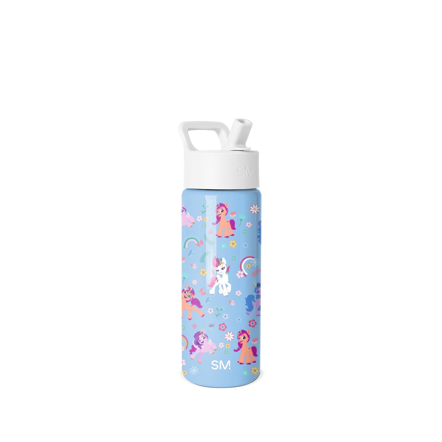 Simple Modern Summit water bottle with periwinkle blue base, white pop-top straw cap, and carry handle. Features colorful My Little Pony characters, flowers, rainbows, and stars in pink, purple, orange, and yellow throughout