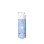 Simple Modern Summit water bottle with periwinkle blue base, white pop-top straw cap, and carry handle. Features colorful My Little Pony characters, flowers, rainbows, and stars in pink, purple, orange, and yellow throughout