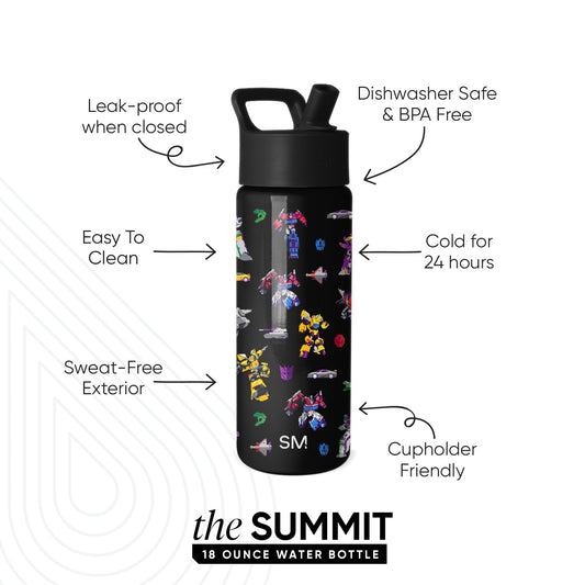 SM Summit 18 ounce black water bottle with colorful Transformers characters, featuring leak-proof design, 24-hour cold retention, dishwasher safe, sweat-free exterior, and cupholder friendly sizing.