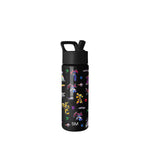 Black water bottle with colorful pixelated robot and vehicle design in yellow, blue, red, purple, and pink. Matte black cap with carrying handle. Simple Modern product on white background.