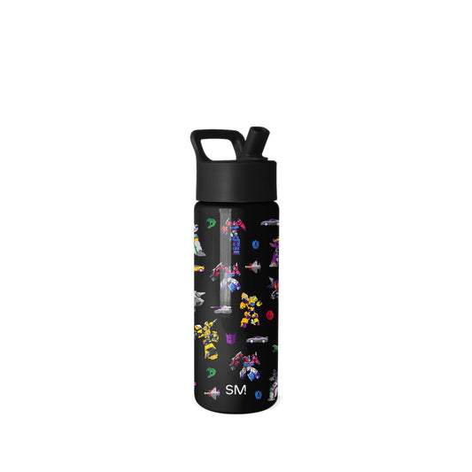Black water bottle with colorful pixelated robot and vehicle design in yellow, blue, red, purple, and pink. Matte black cap with carrying handle. Simple Modern product on white background.