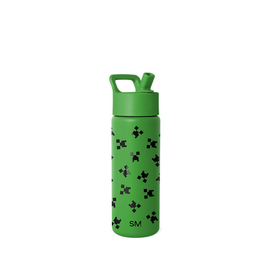 Bright green Simple Modern water bottle with flip-top straw cap and carrying handle, featuring black pixel-art video game character pattern and SM logo on white background.