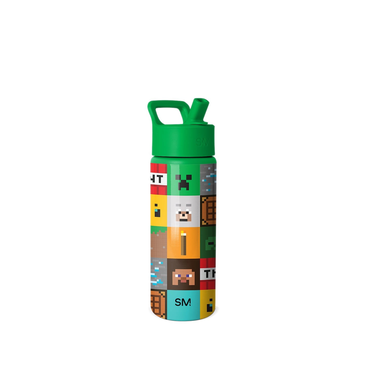 Simple Modern water bottle with bright green lid and carry loop featuring Minecraft-themed design with pixelated characters, creepers, TNT blocks, and game elements in red, yellow, blue, and other colors against white