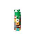 Simple Modern water bottle with bright green lid and carry loop featuring Minecraft-themed design with pixelated characters, creepers, TNT blocks, and game elements in red, yellow, blue, and other colors against white