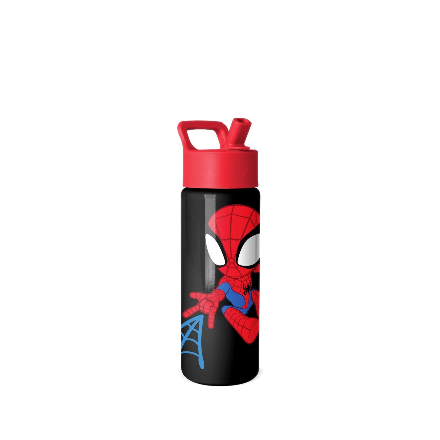 Black Simple Modern water bottle with red lid and spout, featuring Spider-Man graphic in red, blue, and white on front. Carry handle at top. Studio product photo on gray background.