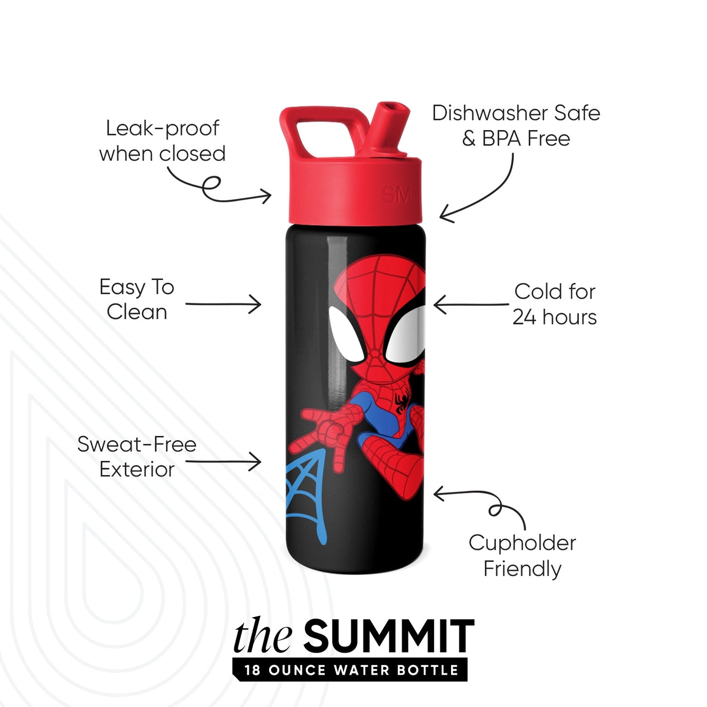 Black and red Simple Modern Summit 18-ounce water bottle with Spider-Man graphic. Features include leak-proof cap, dishwasher safe, sweat-free exterior, keeps drinks cold 24 hours, and cupholder friendly design.