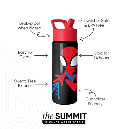 Black and red Simple Modern Summit 18-ounce water bottle with Spider-Man graphic. Features include leak-proof cap, dishwasher safe, sweat-free exterior, keeps drinks cold 24 hours, and cupholder friendly design.
