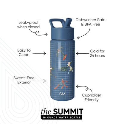 SM Summit 18 ounce navy blue water bottle with wide mouth design, leak-proof lid, and colorful water sports illustrations. Features include dishwasher safe, BPA free, keeps drinks cold 24 hours, and sweat-free exterior.