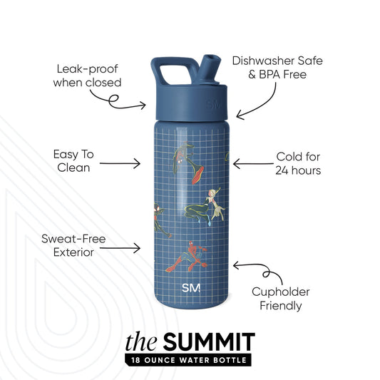 SM Summit 18 ounce navy blue water bottle with wide mouth design, leak-proof lid, and colorful water sports illustrations. Features include dishwasher safe, BPA free, keeps drinks cold 24 hours, and sweat-free exterior.