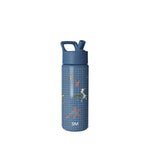 Navy blue Simple Modern water bottle with wide mouth design, white grid pattern, and colorful illustrated children in active poses. Screw-top cap with carrying handle and SM logo.