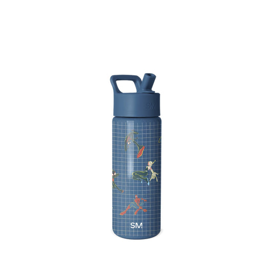 Navy blue Simple Modern water bottle with wide mouth design, white grid pattern, and colorful illustrated children in active poses. Screw-top cap with carrying handle and SM logo.
