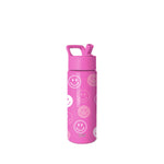 Hot pink Simple Modern water bottle with flip-straw lid and handle, featuring repeating smiley face emoji graphics in white and light pink on a white background.