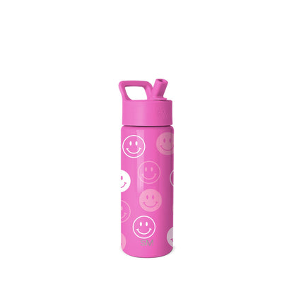 Hot pink Simple Modern water bottle with flip-straw lid and handle, featuring repeating smiley face emoji graphics in white and light pink on a white background.