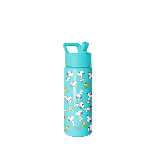 Turquoise Simple Modern 18-ounce insulated water bottle with screw-top lid and carrying handle, decorated with repeating Snoopy and Woodstock Peanuts characters in white and yellow on white background.