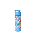Simple Modern water bottle with bright blue cap and body, featuring a repeating pattern of colorful Sonic the Hedgehog characters including Sonic, Tails, Knuckles, and Amy on a light blue band in the center against a white
