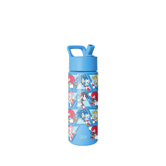 Simple Modern water bottle with bright blue cap and body, featuring a repeating pattern of colorful Sonic the Hedgehog characters including Sonic, Tails, Knuckles, and Amy on a light blue band in the center against a white