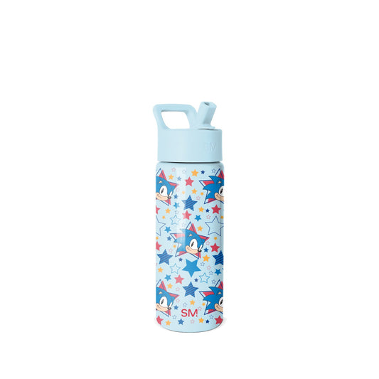 Light blue water bottle with cartoon character design, red SM logo, square carry handle, and twist-cap lid on white background.