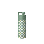 Sage green water bottle with white daisy floral pattern on lower section, flip-top cap, and carry handle. Simple Modern branded design on neutral background.