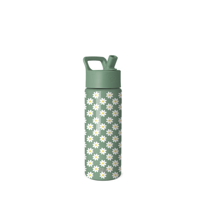 Sage green water bottle with white daisy floral pattern on lower section, flip-top cap, and carry handle. Simple Modern branded design on neutral background.