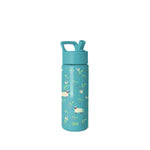 Teal Simple Modern water bottle with farm animal and botanical print design, featuring illustrated sheep, chickens, leaves, and berries. Includes teal cap with carry handle.