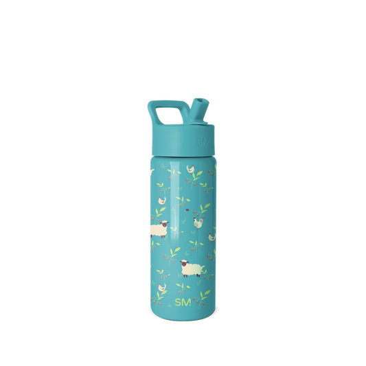 Teal Simple Modern water bottle with farm animal and botanical print design, featuring illustrated sheep, chickens, leaves, and berries. Includes teal cap with carry handle.