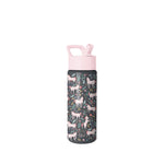 Simple Modern insulated water bottle with pale pink lid and handle, dark base, and cream-colored deer with coral, sage green, and mustard yellow floral pattern throughout.
