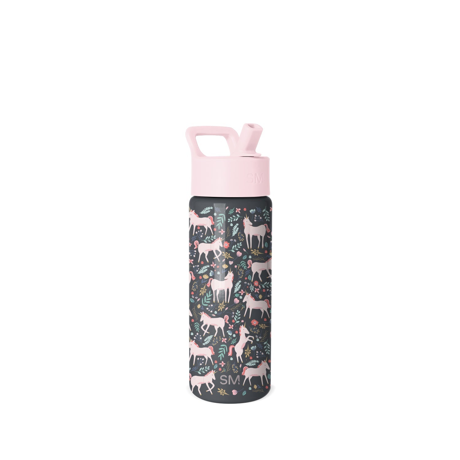 Simple Modern insulated water bottle with pale pink lid and handle, dark base, and cream-colored deer with coral, sage green, and mustard yellow floral pattern throughout.