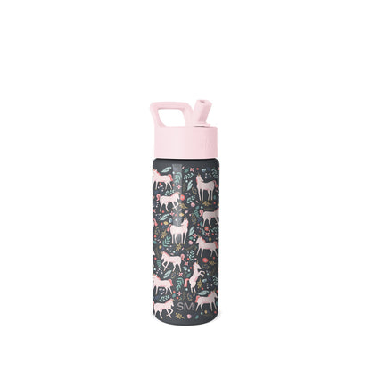 Simple Modern insulated water bottle with pale pink lid and handle, dark base, and cream-colored deer with coral, sage green, and mustard yellow floral pattern throughout.