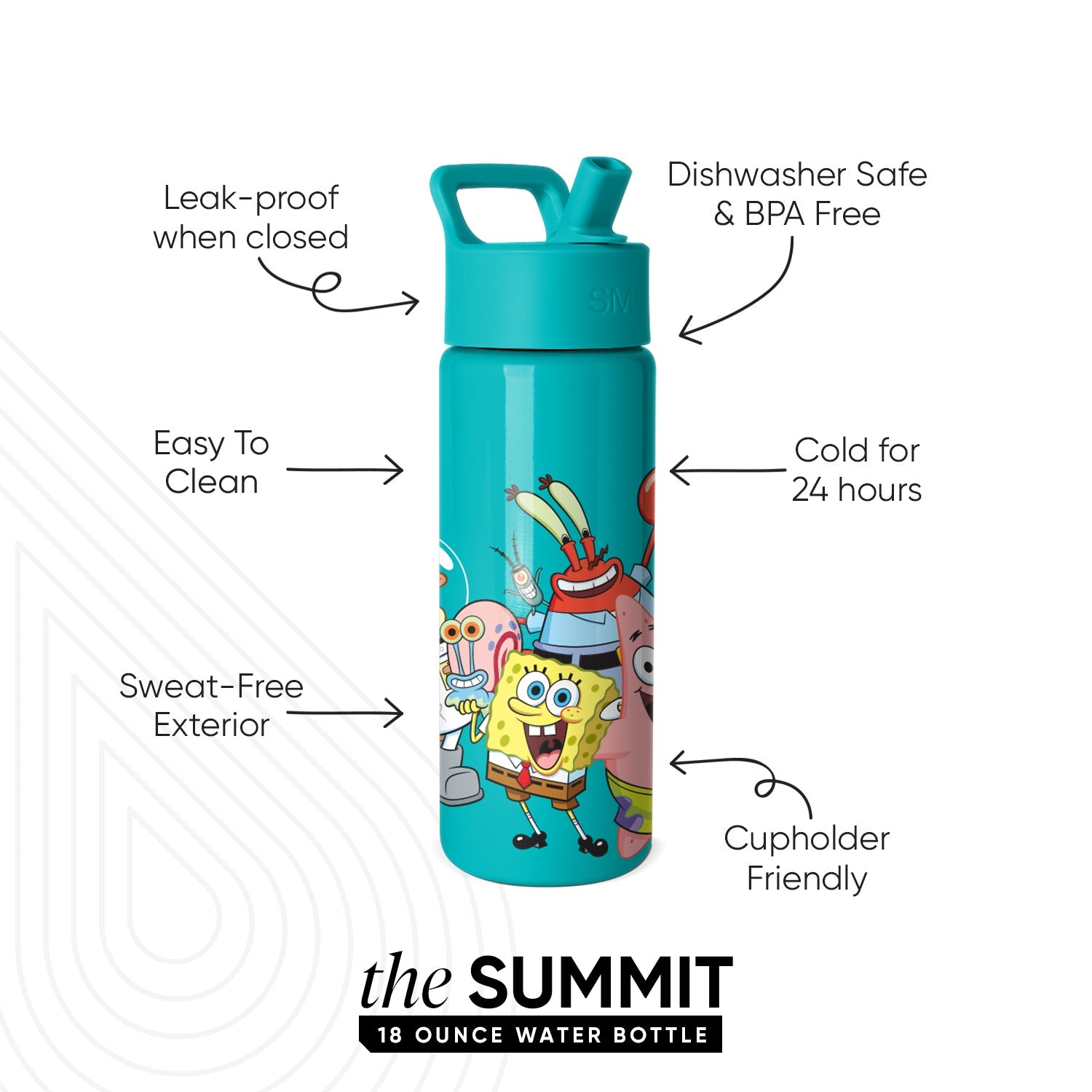 Turquoise Simple Modern Summit 18-ounce water bottle featuring SpongeBob SquarePants characters with product feature callouts including leak-proof, dishwasher safe, and cold for 24 hours on white background.