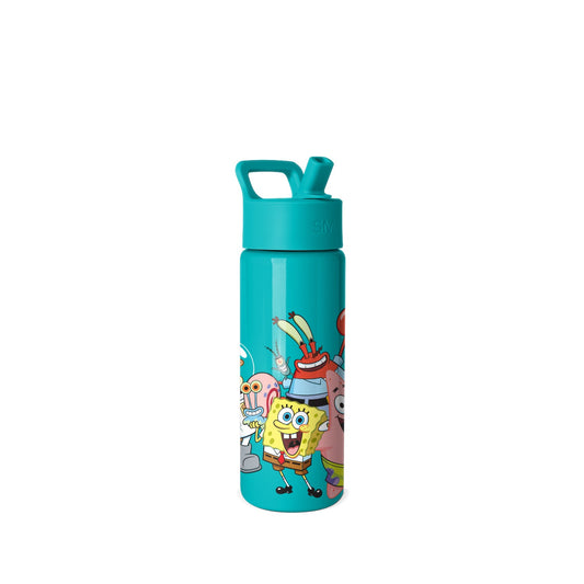 Turquoise Simple Modern insulated water bottle with flip-top lid featuring SpongeBob SquarePants characters including SpongeBob, Patrick, Mr. Krabs, and Squidward in bright colors.