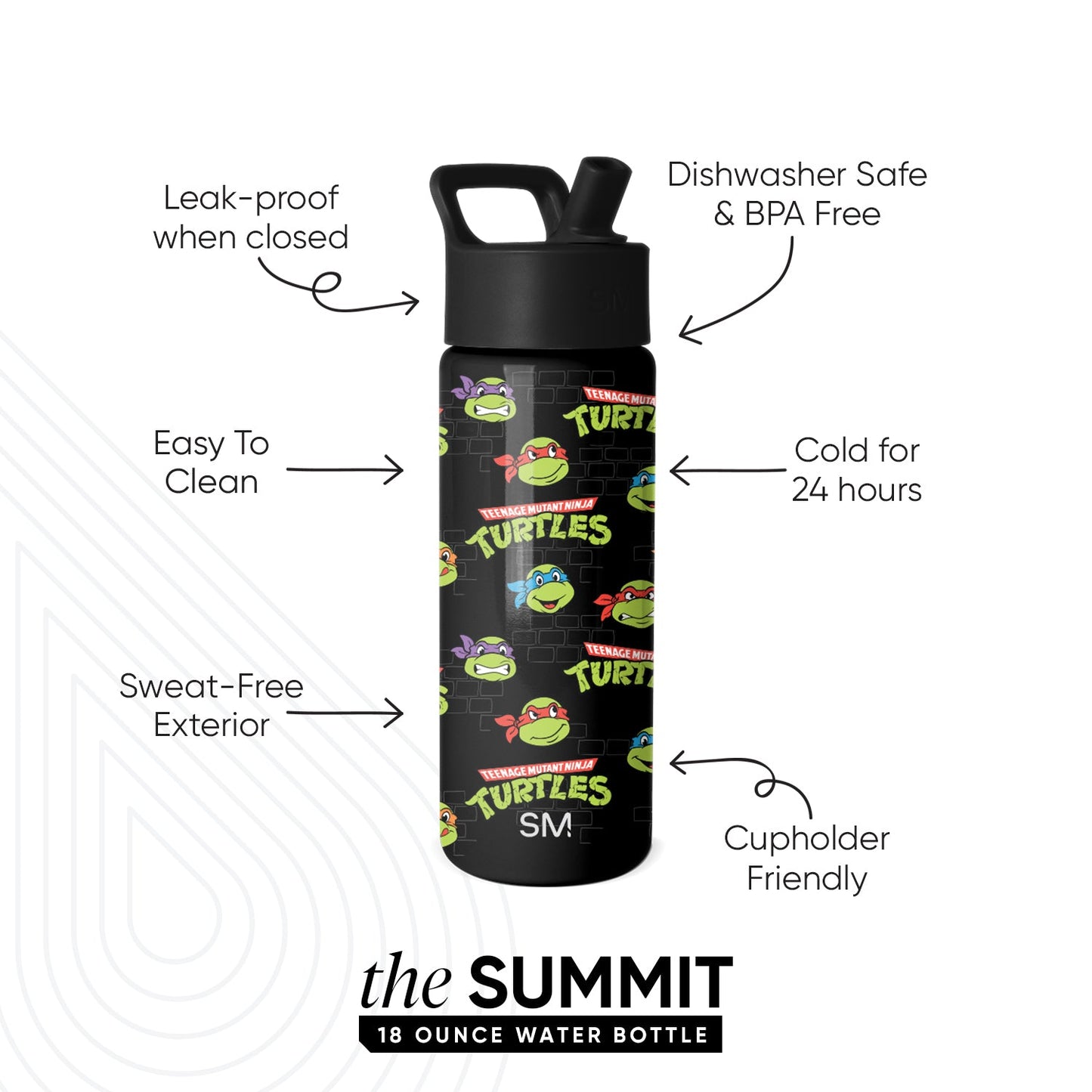 Simple Modern Summit 18-ounce black water bottle with Teenage Mutant Ninja Turtles design featuring colored character masks. Features include leak-proof, dishwasher safe, 24-hour cold retention, and sweat-free exterior.