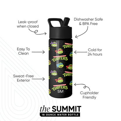 Simple Modern Summit 18-ounce black water bottle with Teenage Mutant Ninja Turtles design featuring colored character masks. Features include leak-proof, dishwasher safe, 24-hour cold retention, and sweat-free exterior.