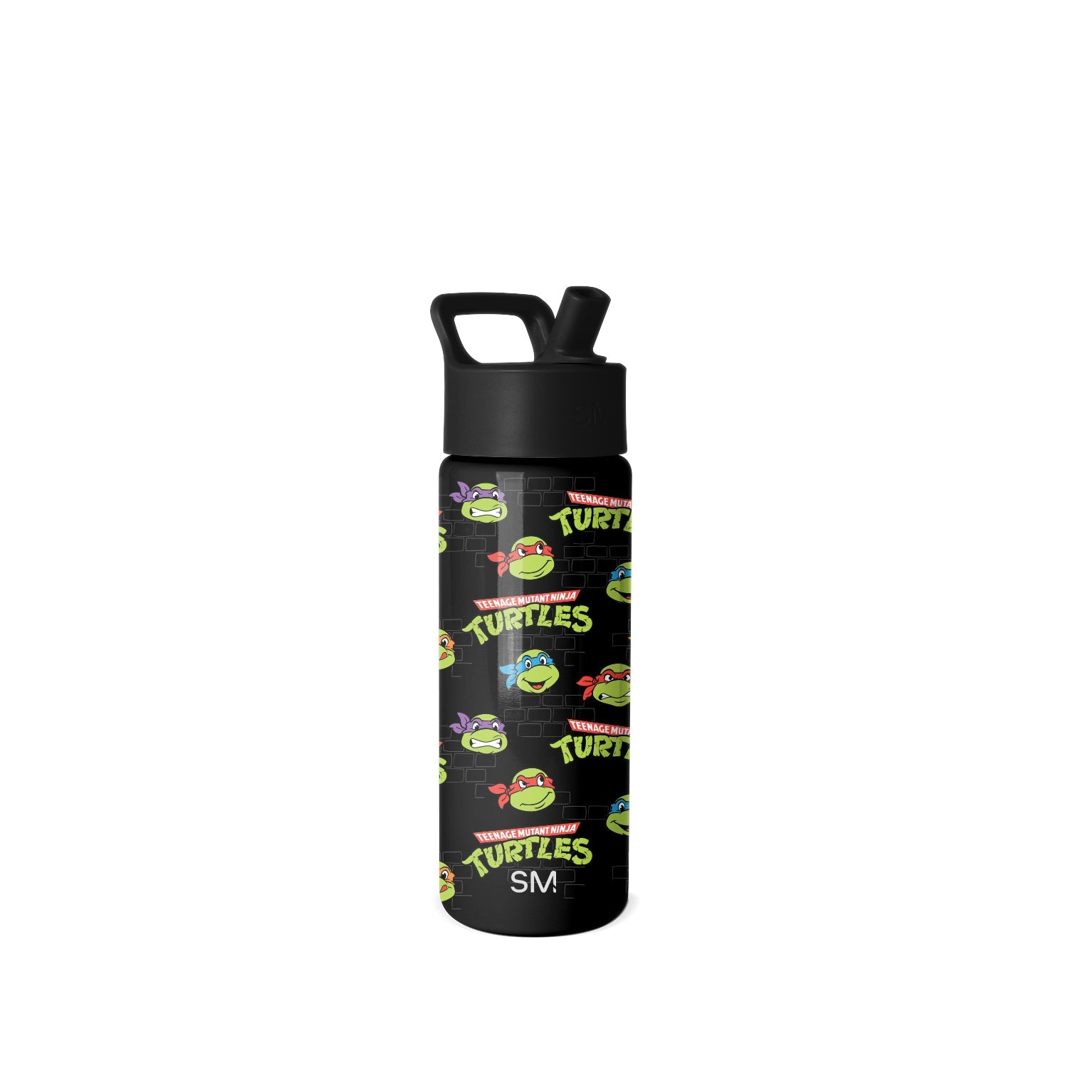 Black water bottle with flip-top straw lid featuring neon green "TEENAGE MUTANT NINJA TURTLES" text and colorful turtle character illustrations with lime green faces and blue, purple, red, and orange eye masks.