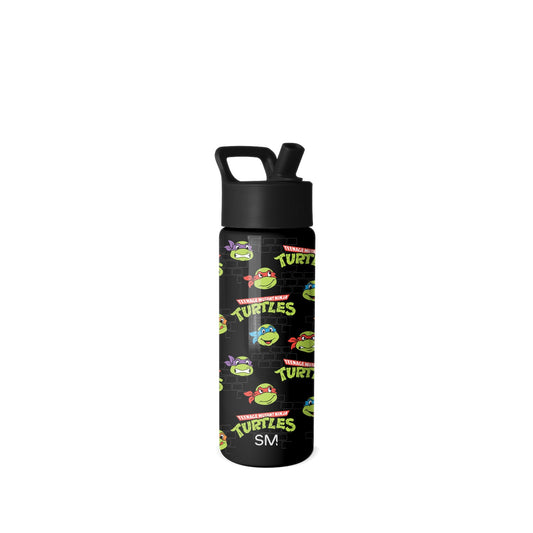 Black water bottle with flip-top straw lid featuring neon green "TEENAGE MUTANT NINJA TURTLES" text and colorful turtle character illustrations with lime green faces and blue, purple, red, and orange eye masks.