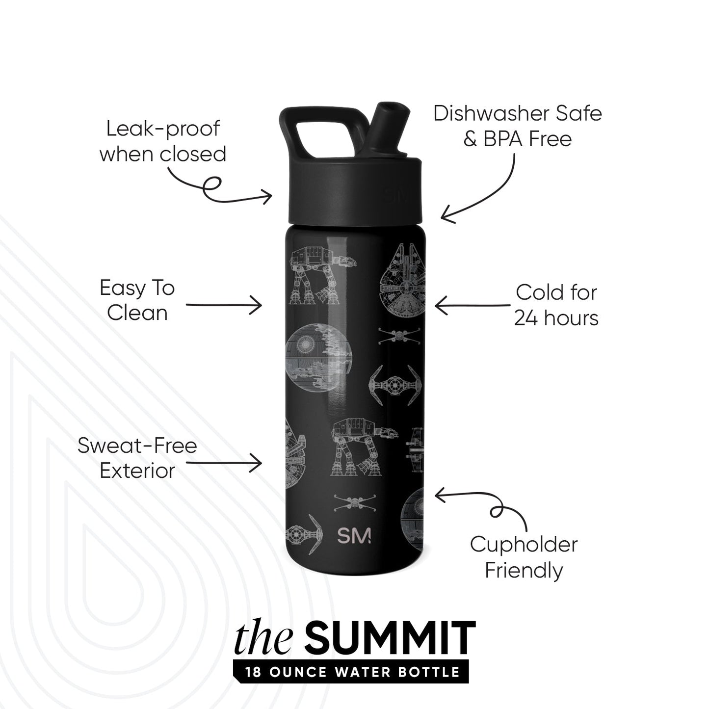 Simple Modern Summit 18 ounce black water bottle with Star Wars graphics, featuring leak-proof, dishwasher safe, cold for 24 hours, cupholder friendly, and sweat-free exterior callouts.