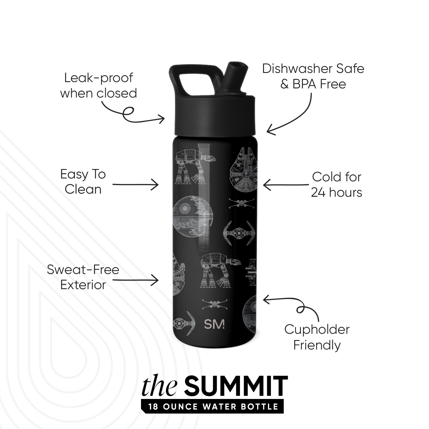 Simple Modern Summit 18 ounce black water bottle with Star Wars graphics, featuring leak-proof, dishwasher safe, cold for 24 hours, cupholder friendly, and sweat-free exterior callouts.
