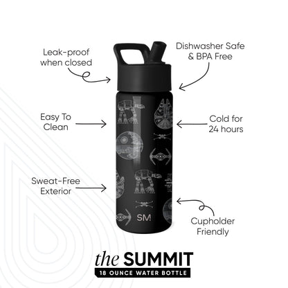 Simple Modern Summit 18 ounce black water bottle with Star Wars graphics, featuring leak-proof, dishwasher safe, cold for 24 hours, cupholder friendly, and sweat-free exterior callouts.