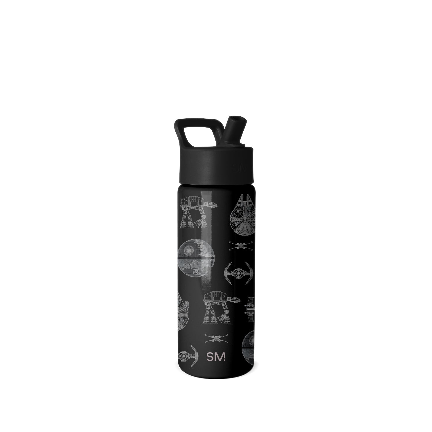 Black Simple Modern insulated water bottle with Star Wars spacecraft pattern in gray line art, featuring flip-straw lid and carrying handle, on white background.